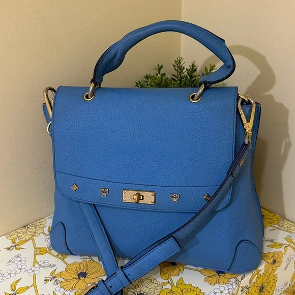 MCM Sky Blue Leather Authentic MCM Shoulder Bag MCM Crossbody MCM Handbag - Picture 2 of 16